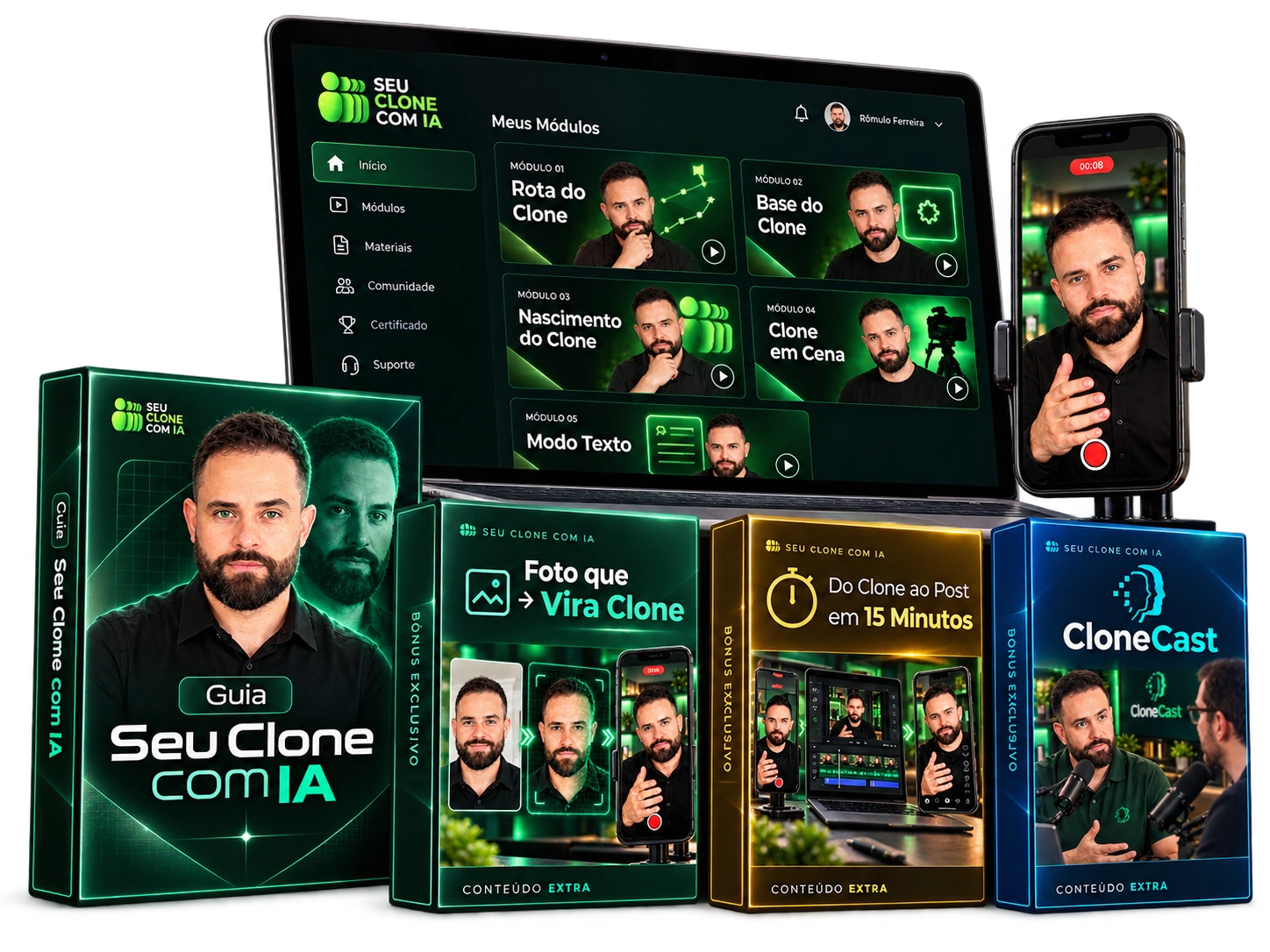 Pacote digital com o minicurso, Guia e os três bônus: Foto que Vira Clone, Do Clone ao Post em 15 Minutos e CloneCast