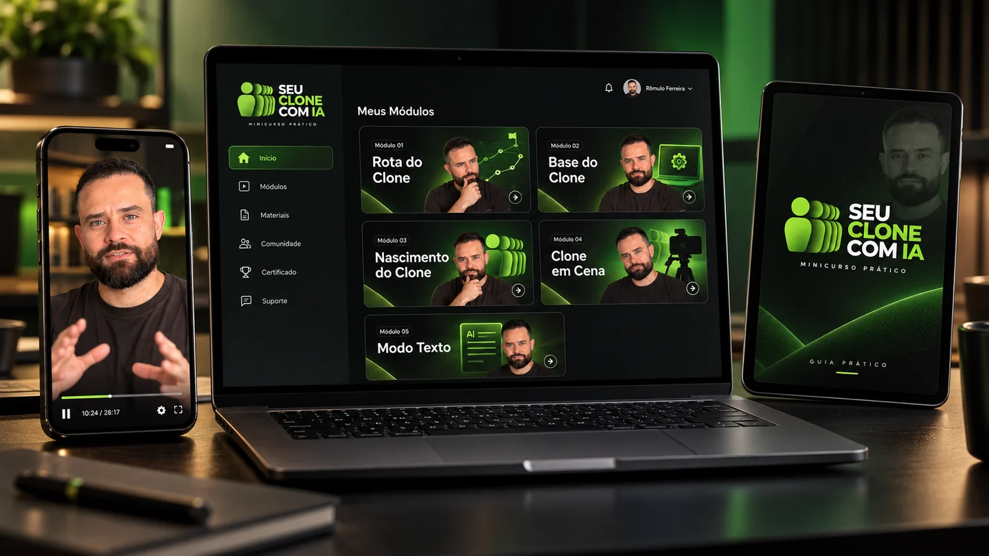 Mockup oficial do minicurso, com módulos no computador, vídeo no celular e guia no tablet